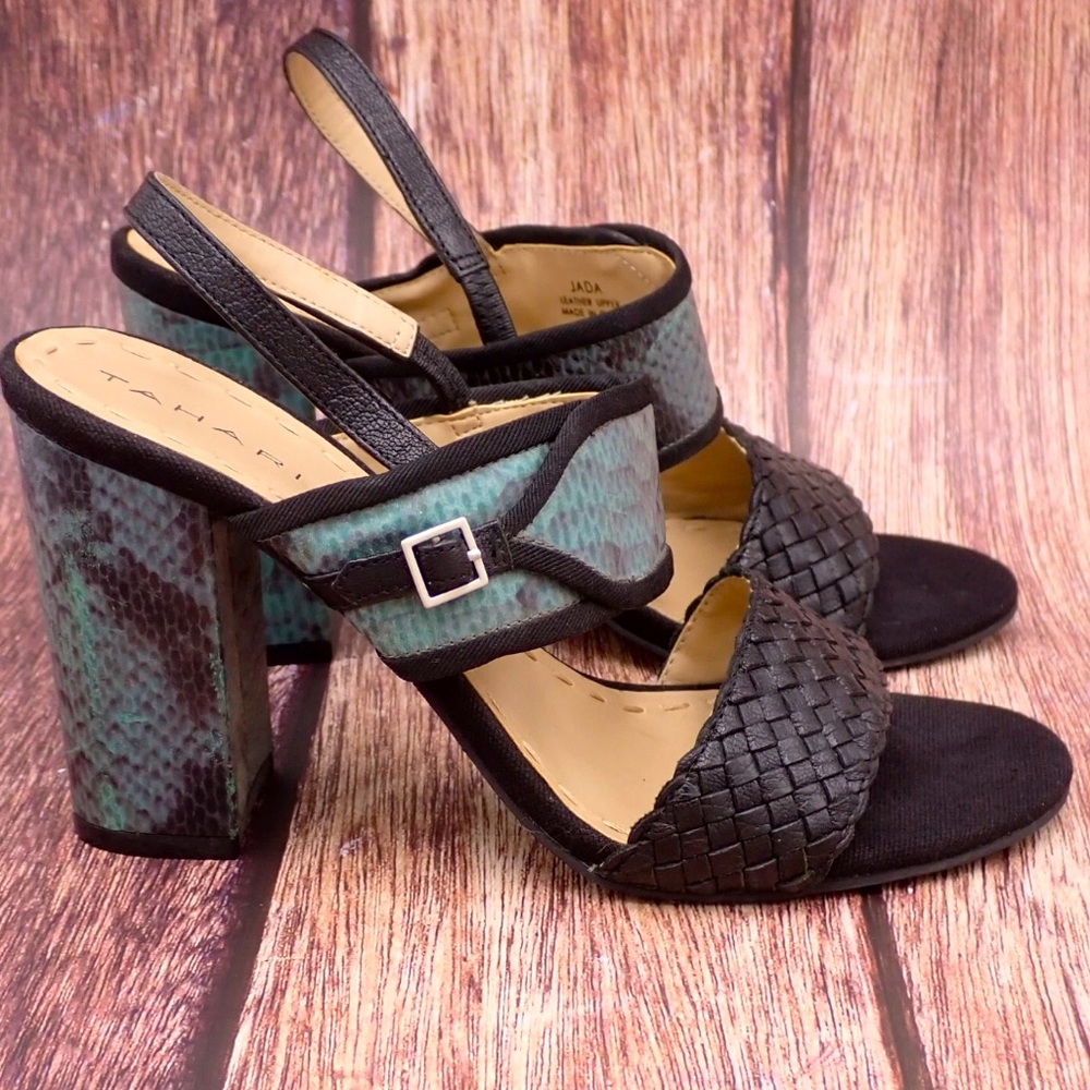 Tahari Jada Green Snake Skin Strappy Slingback Block Heels Sandals Size 7.5M